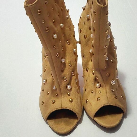 ShuShop Boho Neutral Pearl Beaded Open Toe Funky High Heel Booties Party - Picture 2 of 9